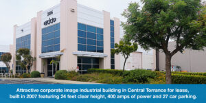 Attractive corporate image industrial building in Central Torrance for lease, built in 2007 featuring 24 feet clear height, 400 amps of power and 27 car parking.