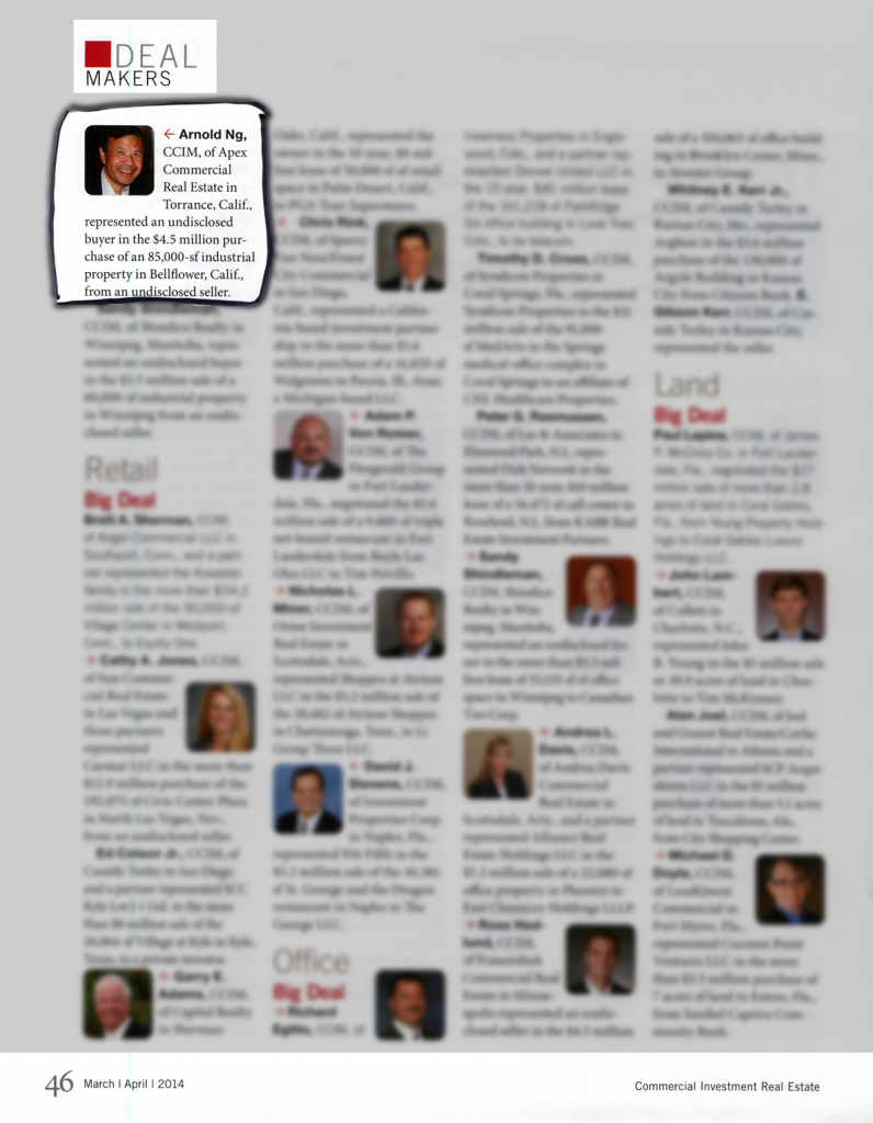 Arnold Ng selected as Deal Maker in CCIM magazine