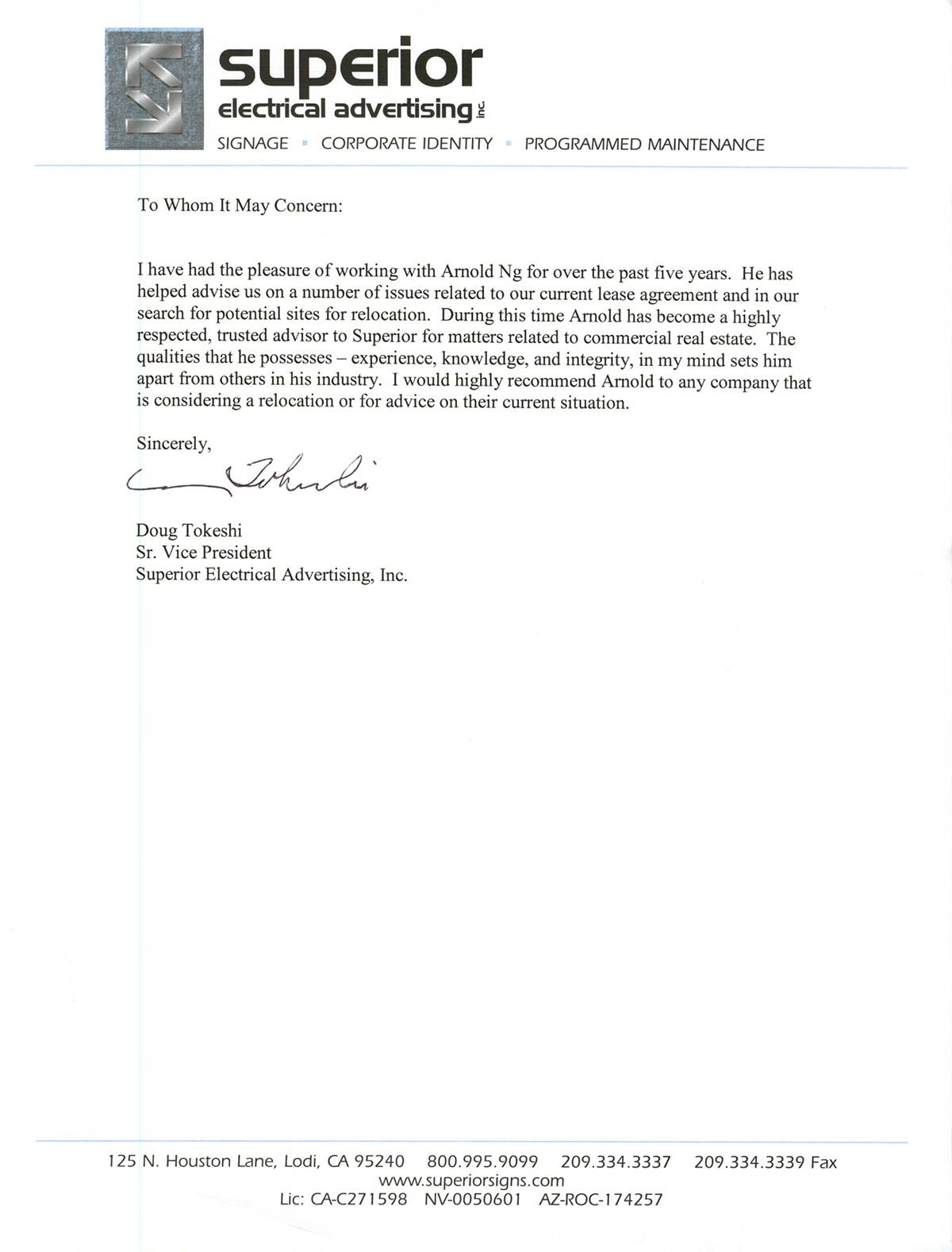 Thank you letter from Superior Electrical Advertising to Apex Commercial Real Estate
